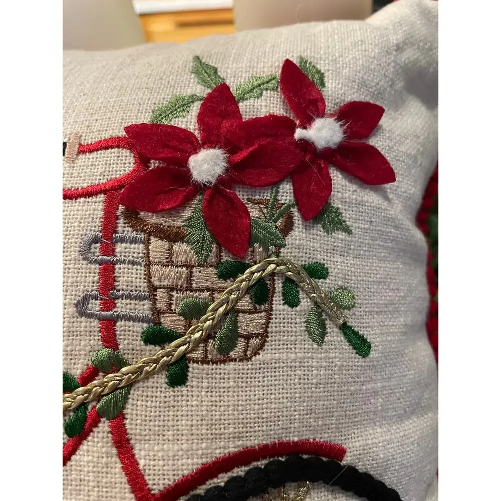 Christmas Throw Pillow With Bicycle & Poinsettia Plant & Tree Embroidered 12x12